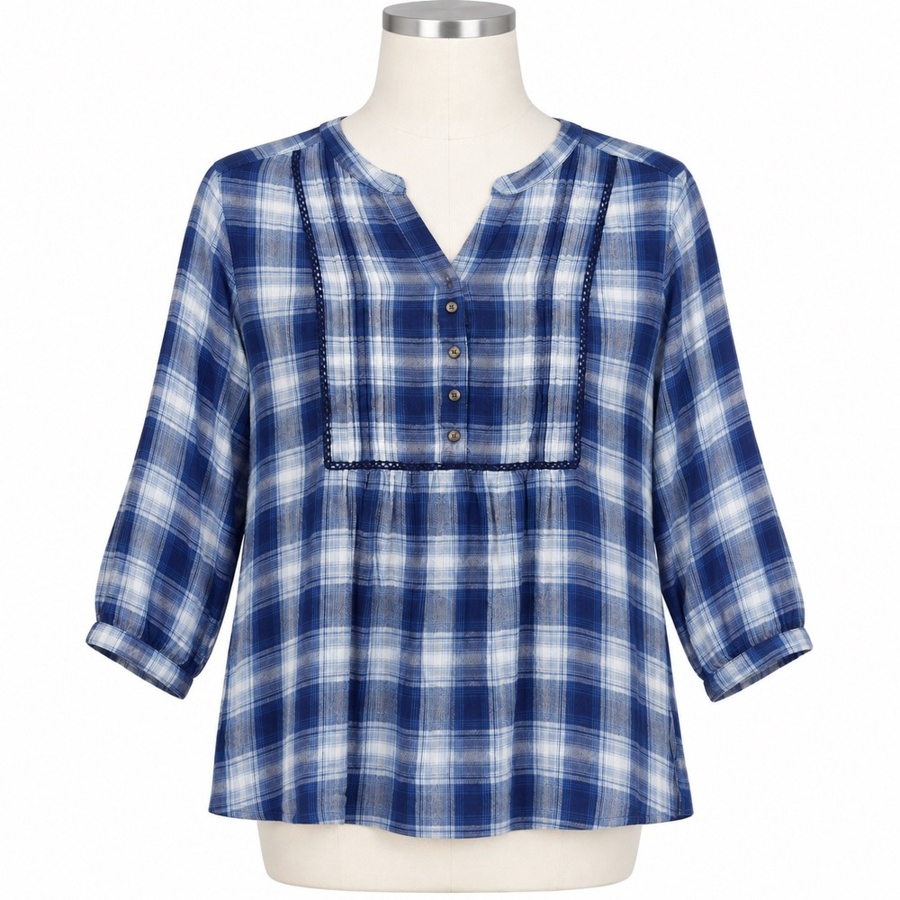 Wrangler Blue Plaid Henley Blouse Top Women's XXL Flowy 3/4 Sleeves